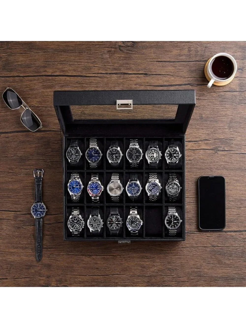 18-Slot Watch Box Organizer with Glass Lid | Stylish Storage for Men & Women